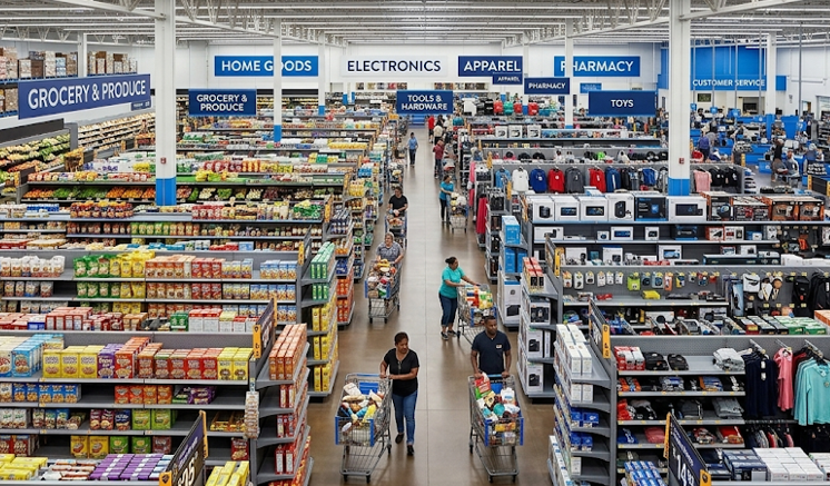 Wide-angle photo of a large supermarket interior with long aisles of merchandise
