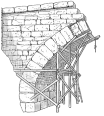 Pen-and-ink drawing of the left half of an arched stone bridge under construction, supported by wooden scaffolding