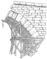 Pen-and-ink drawing of the right half of an arched stone bridge under construction, supported by wooden scaffolding
