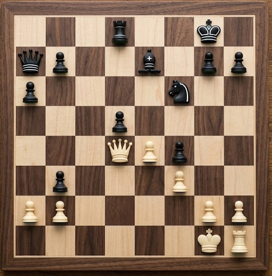A chess board in the middle of a game, with black and white pieces in mid-position on a wooden board