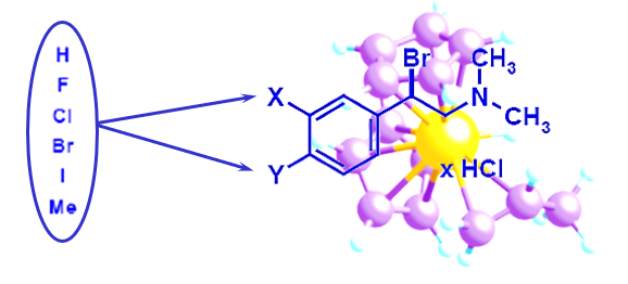 A diagram showing a list of candidate atoms (H, F, Cl, Br, I, Me) being attached at positions X and Y on a base molecular scaffold, illustrating combinatorial substituent selection in drug discovery
