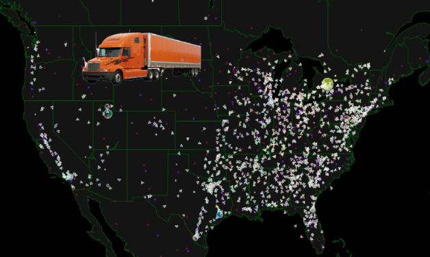 A map of the continental United States overlaid with hundreds of glowing dots representing truckload driver locations, with an orange Schneider National tractor-trailer in the upper-left corner