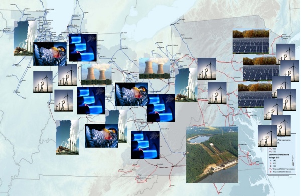 A montage of the PJM transmission grid overlaid with photographs of nuclear cooling towers, fossil-fuel plants, transmission lines, solar arrays, wind turbines, and a hydroelectric dam