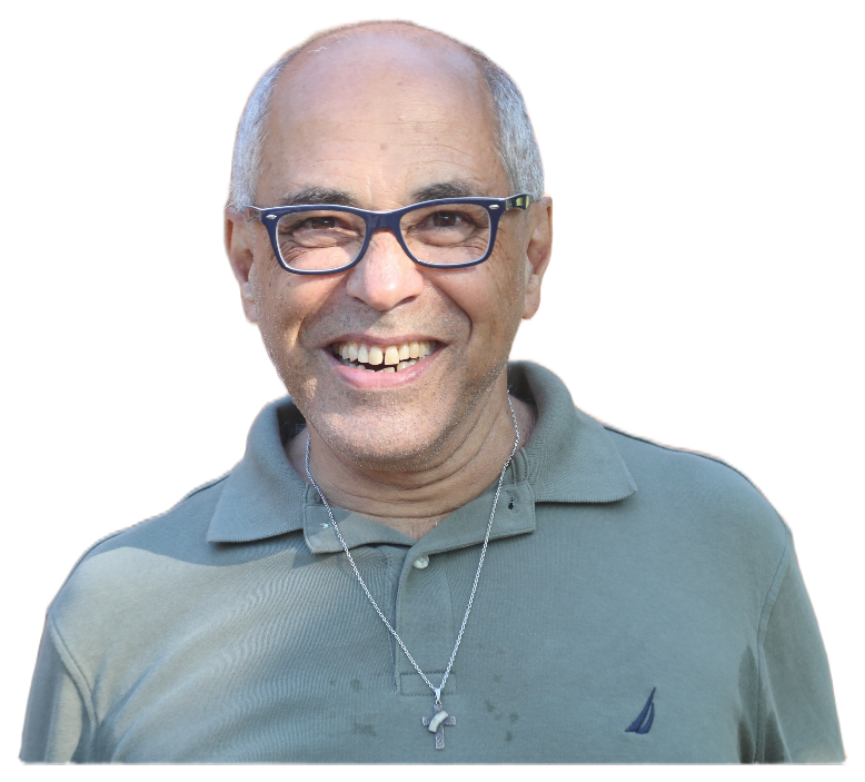 Headshot of Hugo Simao — bald, glasses, grey-green collared shirt, smiling, photographed against a transparent background