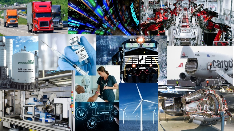 A collage of application areas: trucking, financial markets, robotics, healthcare, energy, e-commerce, aviation, manufacturing