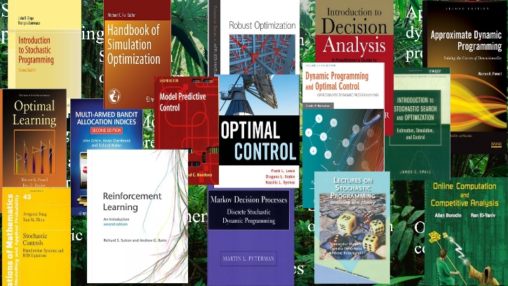 A mosaic of book covers spanning reinforcement learning, optimal control, stochastic programming, decision analysis, approximate dynamic programming, and related fields