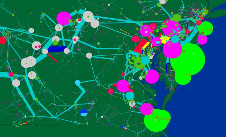 A graphical view of SMART-ISO showing the PJM transmission grid in green over the eastern United States, with colored circles of varying sizes marking nodes — pink, green, gray, and red — overlaid on cyan transmission lines