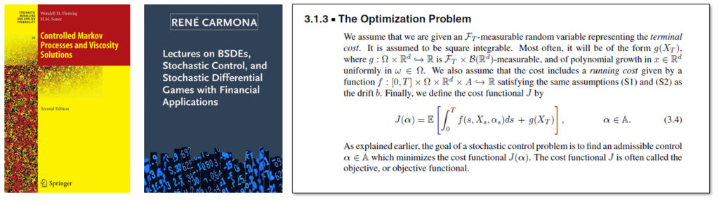 Side-by-side images: the covers of Fleming and Soner's 'Controlled Markov Processes and Viscosity Solutions' and René Carmona's 'Lectures on BSDEs, Stochastic Control, and Stochastic Differential Games with Financial Applications,' next to a scan of the section 'The Optimization Problem' that defines a cost functional without defining a state variable